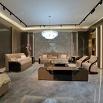 White and Brown Leather Sofa Set with Button Tufting Craftsmanship, Natural Wood Veneer & Gold Stainless Steel Trim